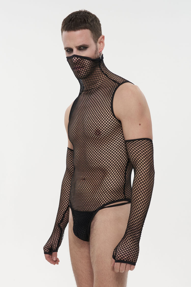 Sheer Mesh High-Collar Punk Onesie with Masked Gloves for Men
