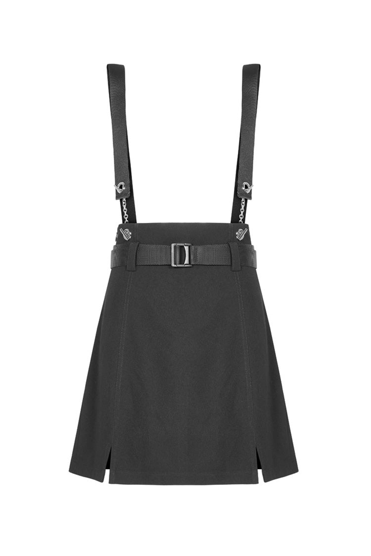 Slate Steel Ring Strap Buckled Split Hem A-Line Punk Skirt for Women