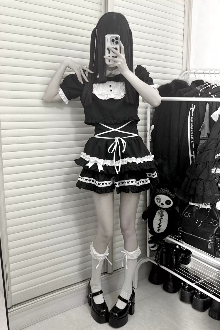 Double-Layered Skirt Set with Doll Collar and Bow Accents