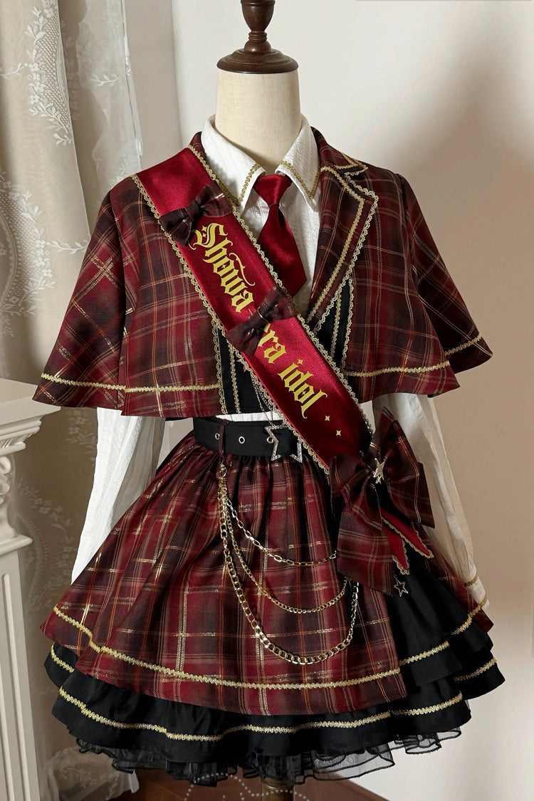 Crimson Showa Little Idol Notch Collar Long Sleeve Ruffled Open-Front Bow Asymmetric Classic Lolita Skirt Set