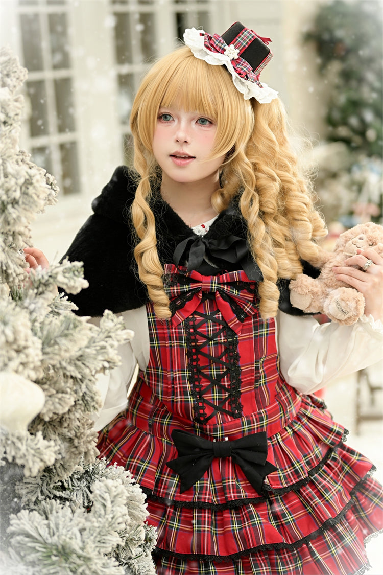 Red Velvet Cake Triple-Layered Printed Ruffled Bow Lace-Up Gothic Elegant Jsk Dress