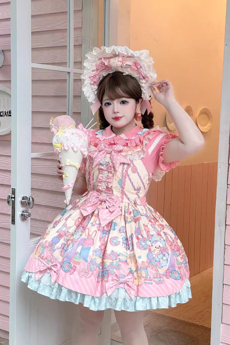 Rainbow Bunny Print Sleeveless Ribbon Doll JSK Dress Set - Ruffled Bow