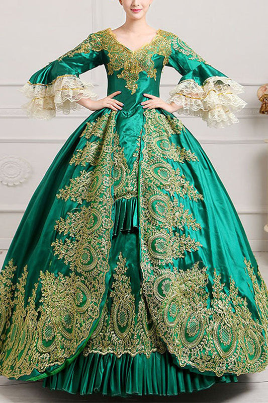 Victorian Ruffled Dress with Bell Sleeves and Floral Embroidery - Altfashion Shop