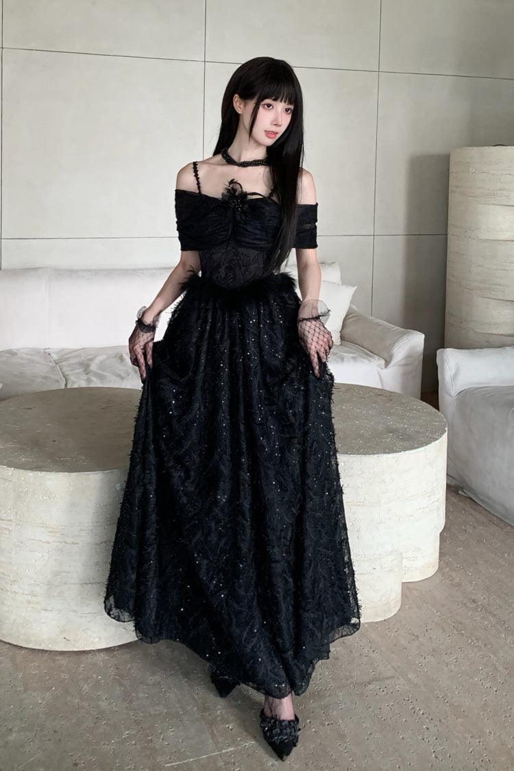 Off Shoulder Jacquard Embroidered Bow Gothic Lolita Jsk Dress - Swan