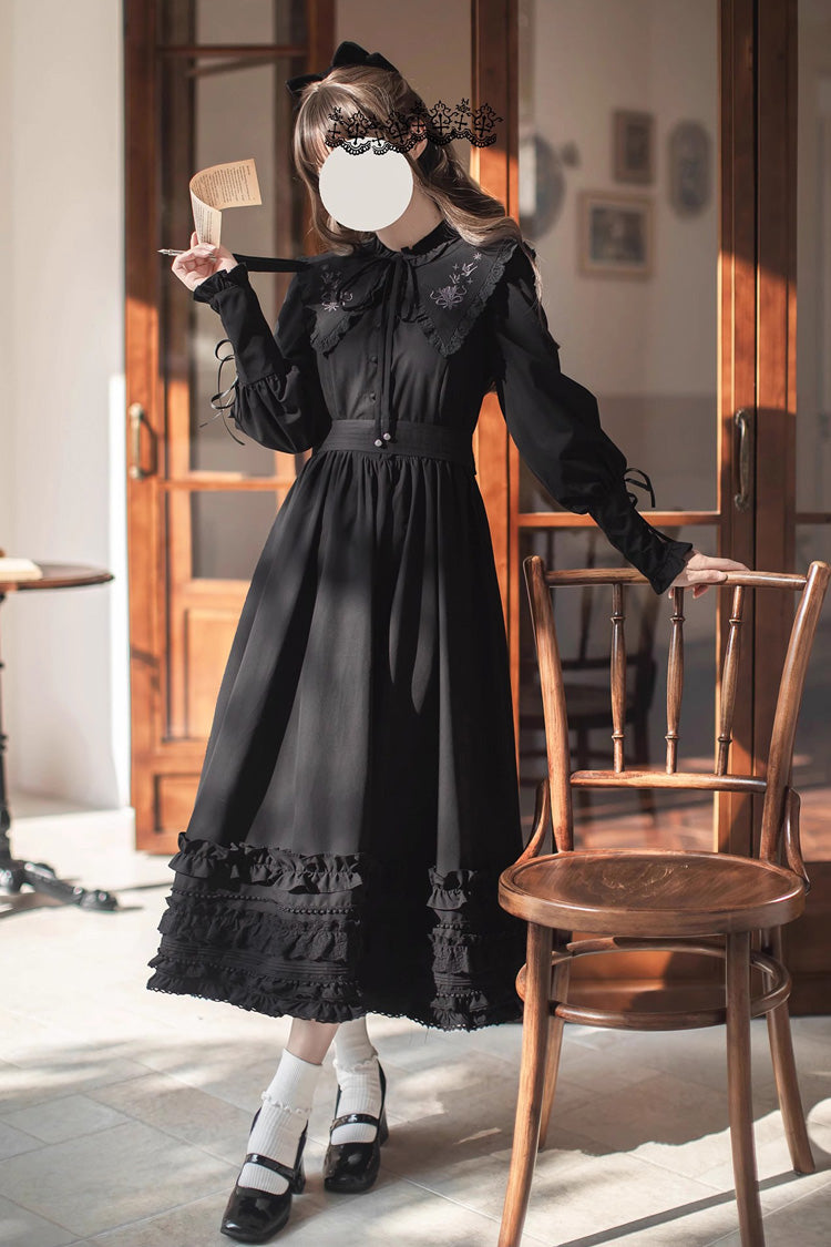 Noir Long Sleeve Ruffle Embroidered Bow Vintage Elegant Dress - Wind Kissed Tulips