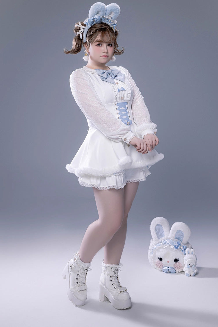Ivory Ruffled Bow Lace-Up Japanese Dark Jirai Kei Plush Set