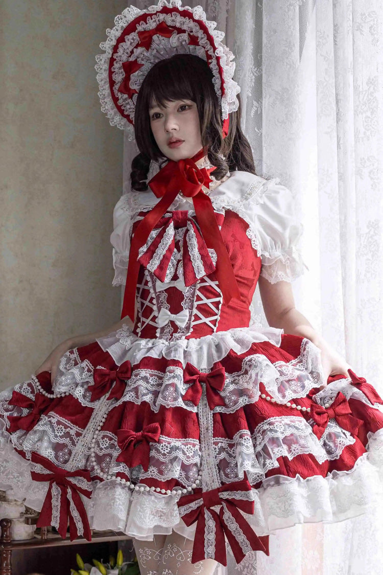 Crimson Small Cakes Sleeveless Multi-Tier Frill Bow Lace Sweet Lolita Jumper Dress