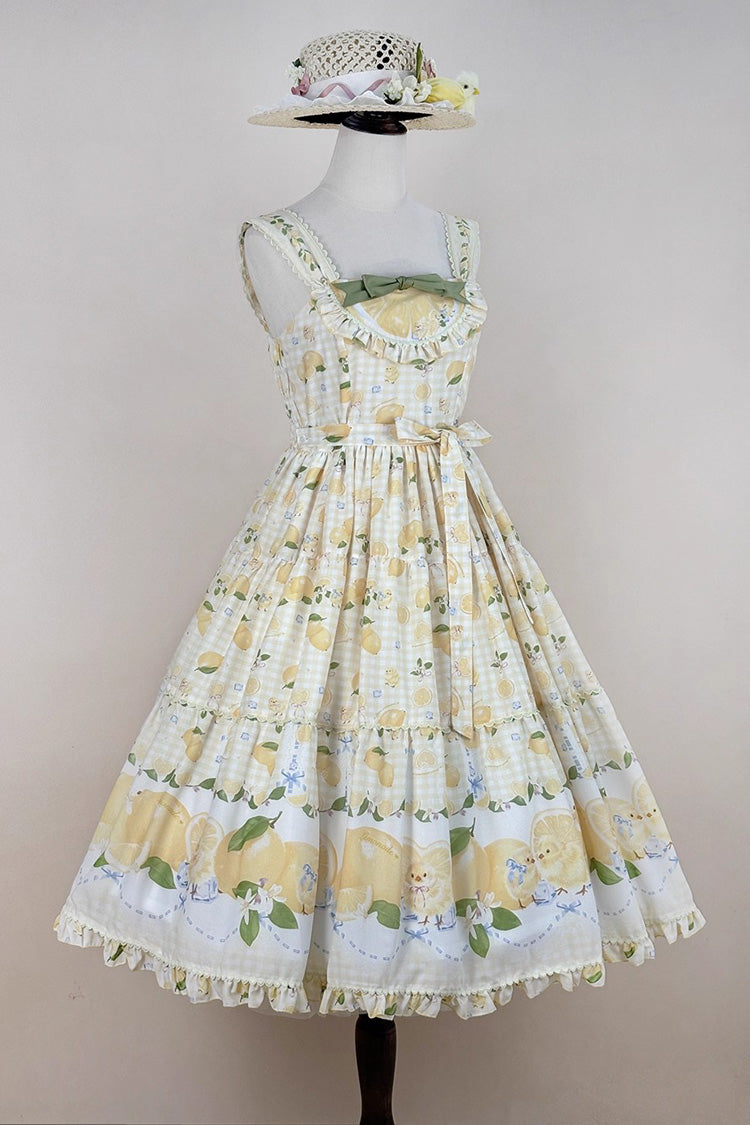 Sunshine Printed Ruffle Bow Lace Sweet Long Jumper - Lemon Chicken