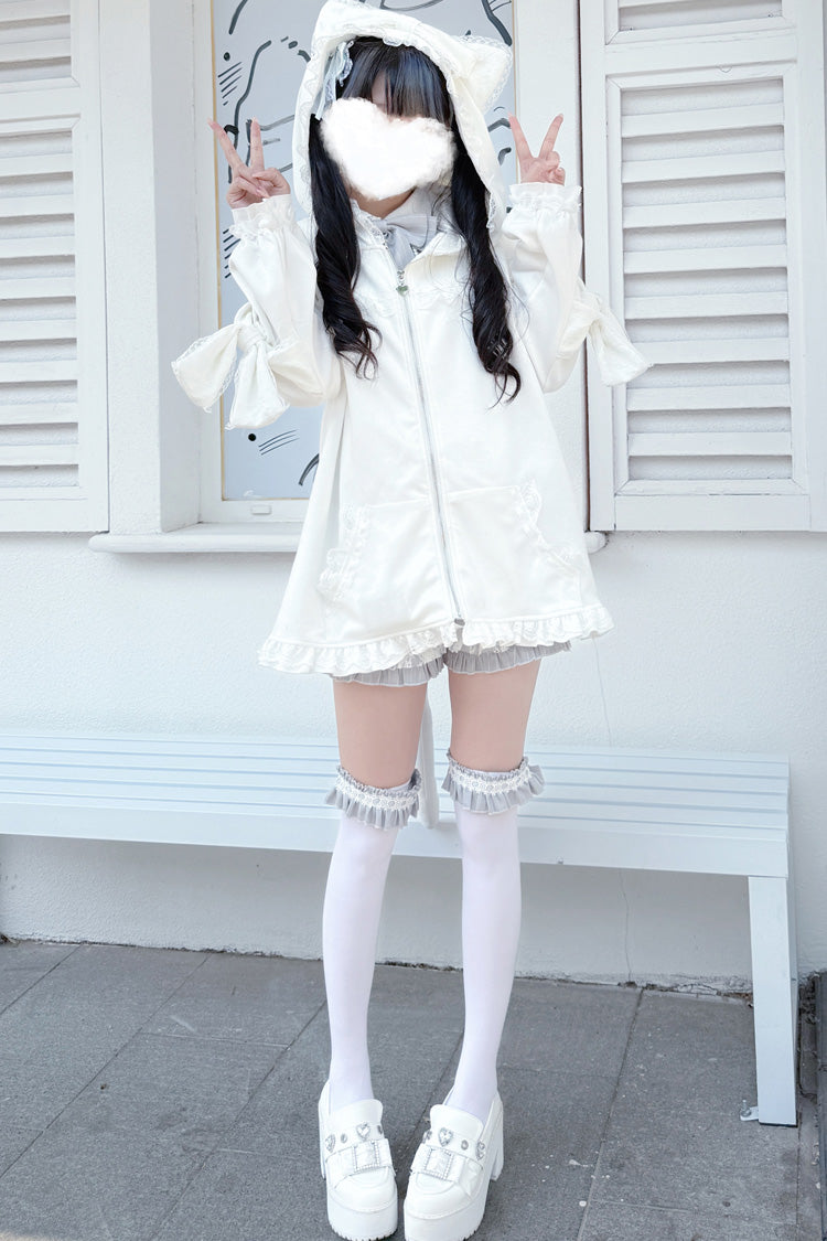 Ivory Cat Ear Hooded Ruffled Bow Accent Dark Jirai Kei Coat