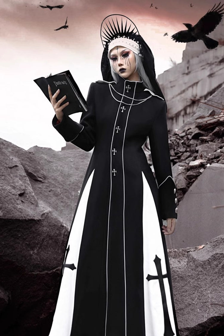Noir Cross Print Hollow Cardigan Stitched Gothic Long Coat - The Trial of a Nun