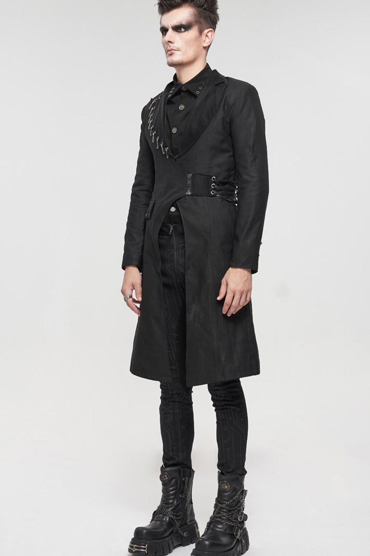 Twill Faux-Leather Pin-Decorated Drawstring Punk Overcoat