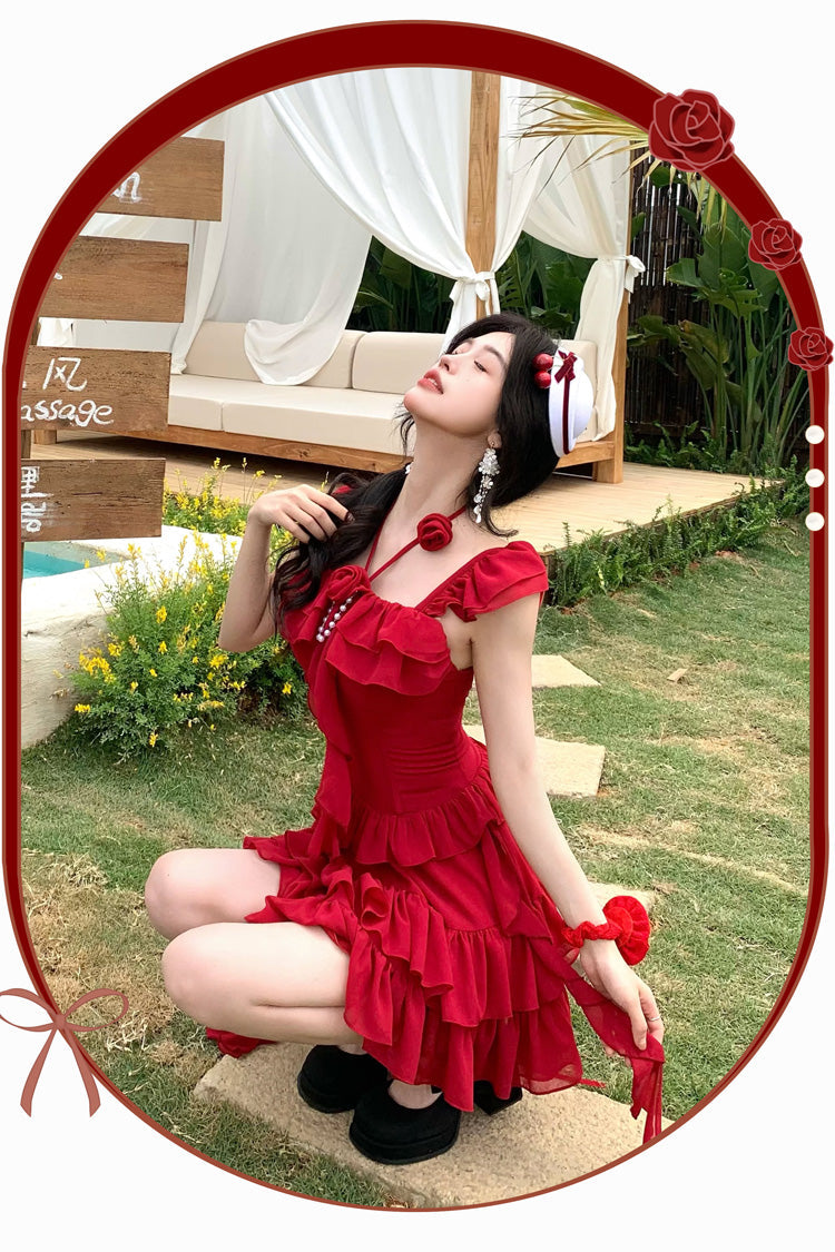 Crimson Three-Tier Frilled Bow Summer Holiday Sweet Lolita Gown