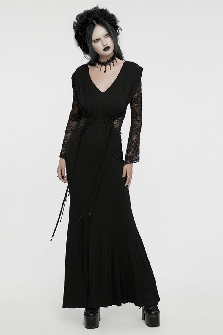Black V-Neck Long Sleeves Stitching Lace Gothic Drawstring Honeymoon Gown