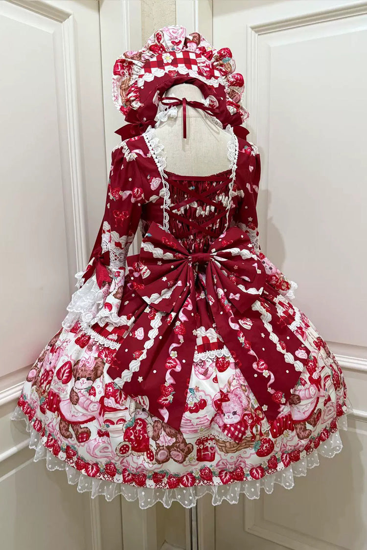 Scarlet Sweet Berry Bunny Bear Half Sleeve Printed Bow Lace Laced Sweet Lolita OP Dress