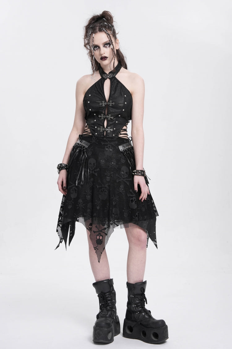 Black Halterneck Sleeveless Skull Print Asymmetrical Punk Gown