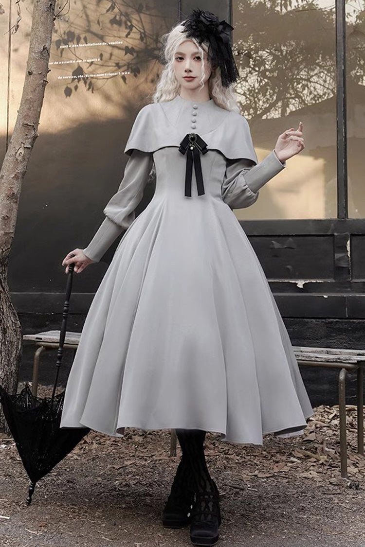 Gothic Elegant Lolita Dress with Slim Fit, Long Sleeves, Grey Thirteenth Evening
