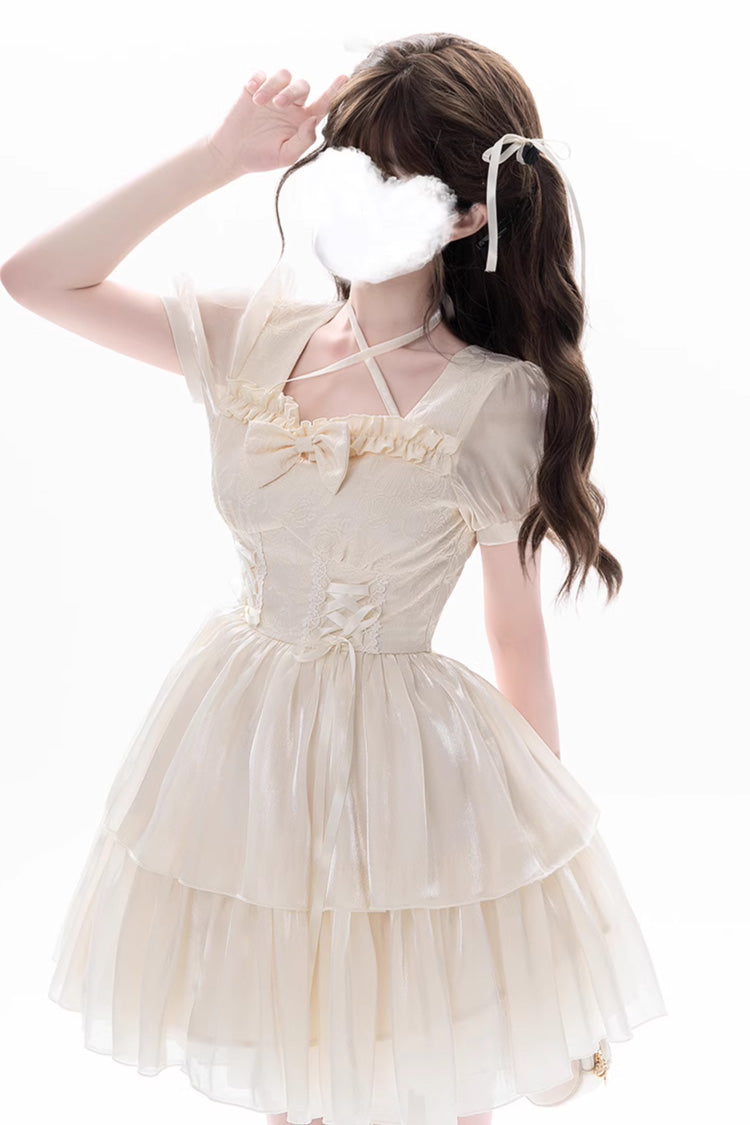 Apricot Prussian Legend Short Sleeves Multi-Layered Jacquard Ruffle Bow Sweet Dress