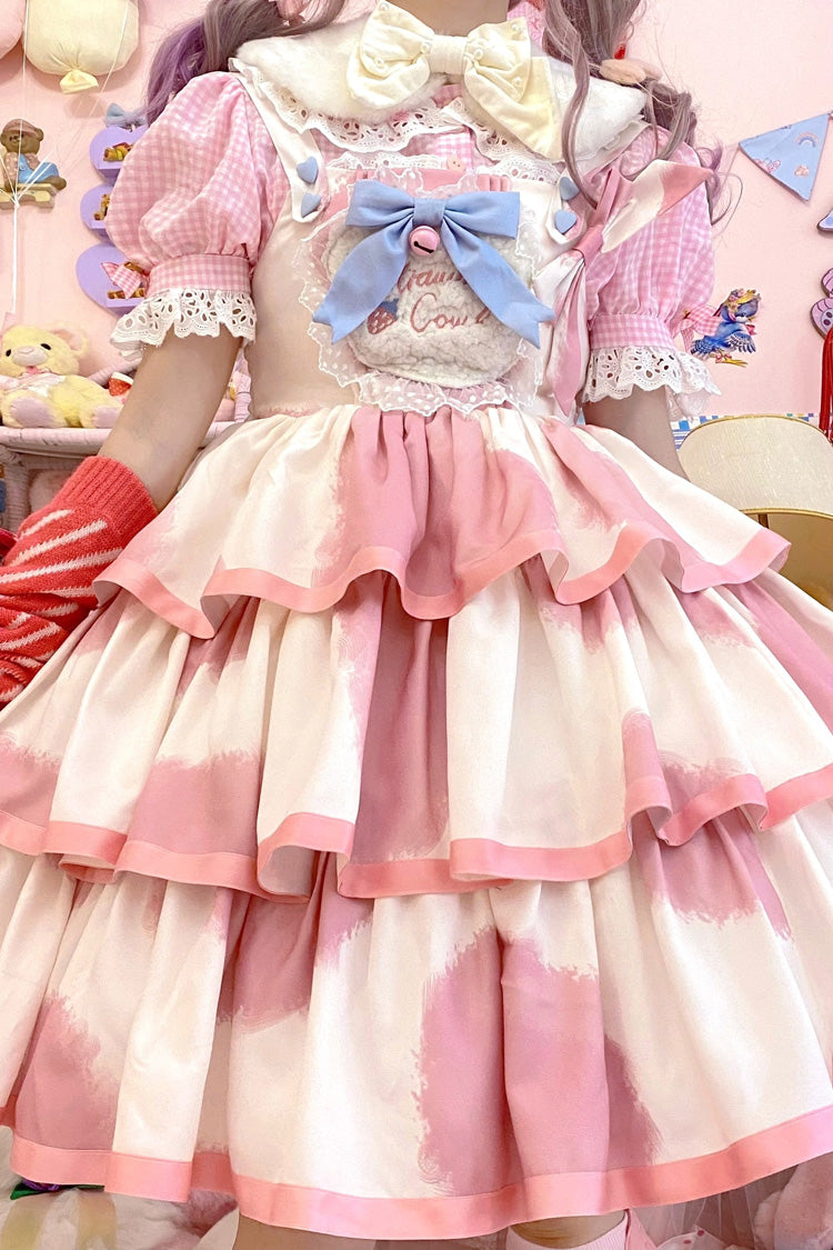 Pink Sleeveless Triple Layer Cow Print Ruffle Bow Sweet Jsk