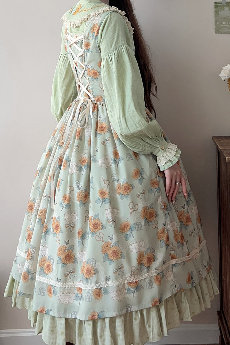 Green Sunflower Sleeveless Floral Bow Elegant Uplift Jsk