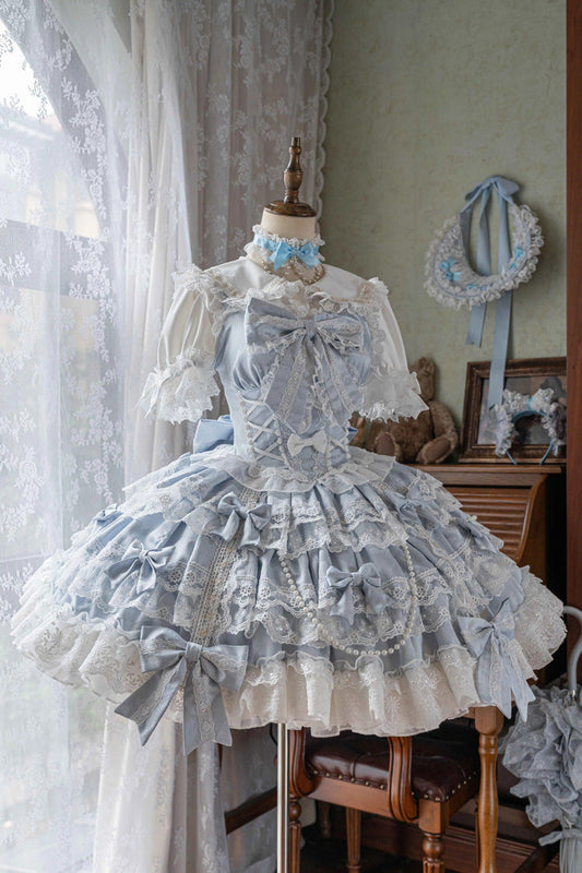 Small Cakes Sleeveless Multi-Layered Ruffled Bow Lace Sweet Lolita JSK Dress - Blue