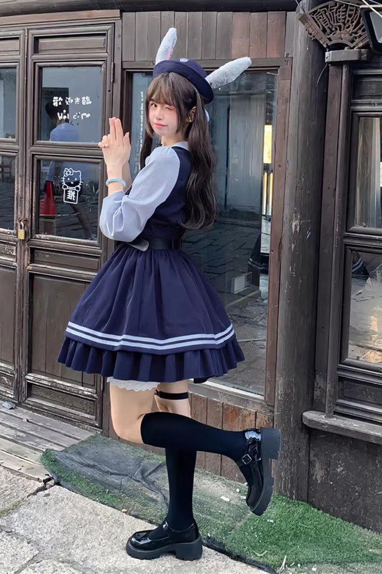 Blue Rabbit Officer Long Sleeves Printed Ruffled Faux Two-Piece College Style Sweet Dress