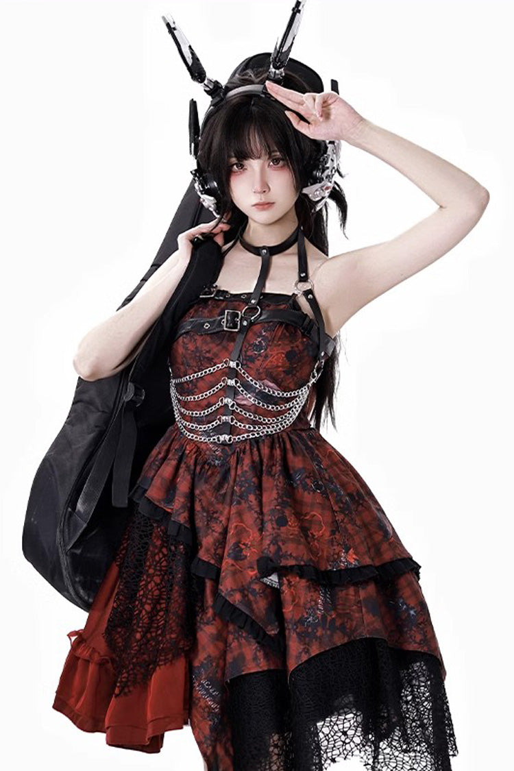 Crimson Bloody Strawberry Tears Print Sleeveless Frill Bow Lace Asymmetrical Gothic Lolita JSK