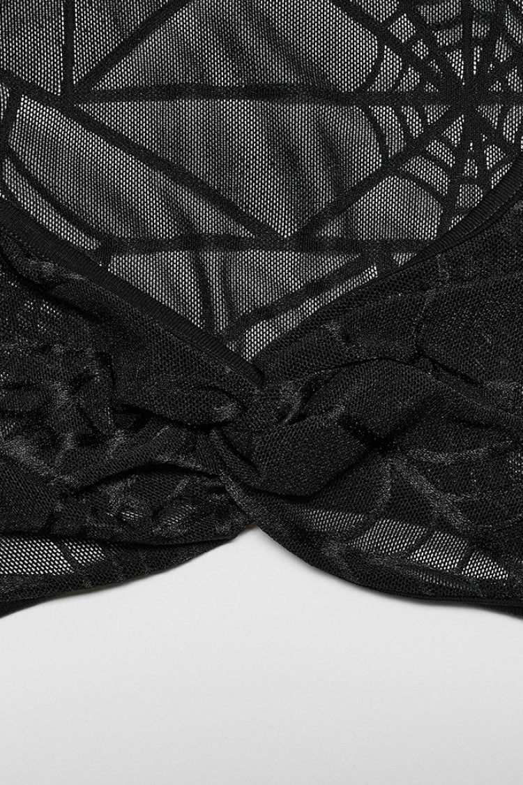Noir Punk Two-Piece Set with Halter Neck and Web Print