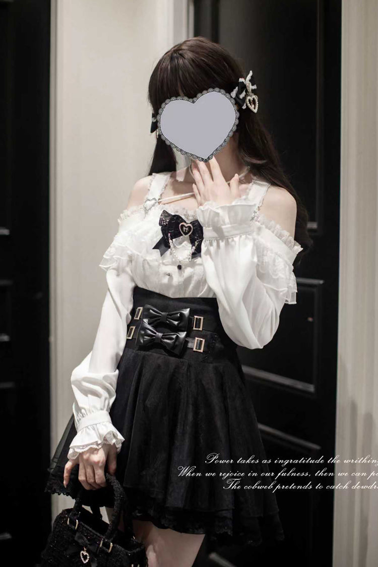 Black Solid Color Bow Sweet Jirai Kei Skirt