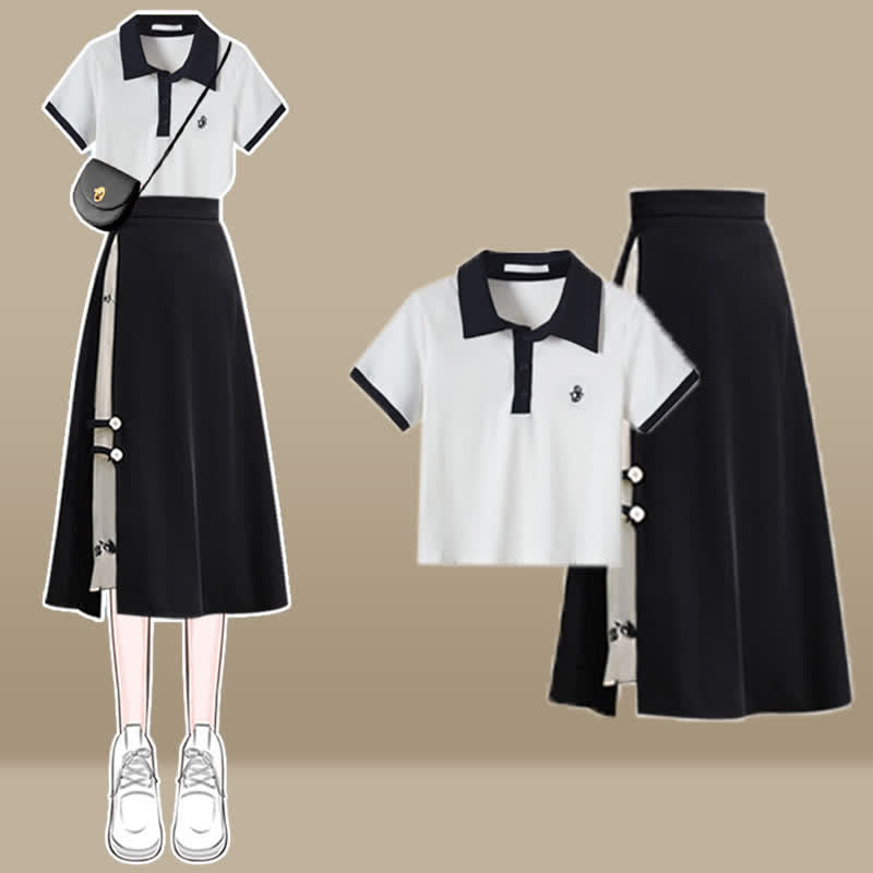 Blossom Print Polo T-Shirt Split Skirt Set