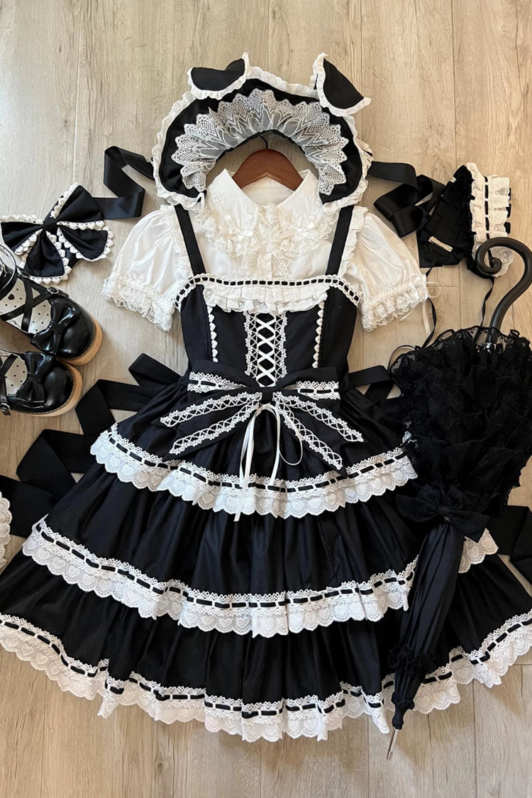 Black Maiden Heart Triple Layer Ruffle Bow Lace Sweet Jsk