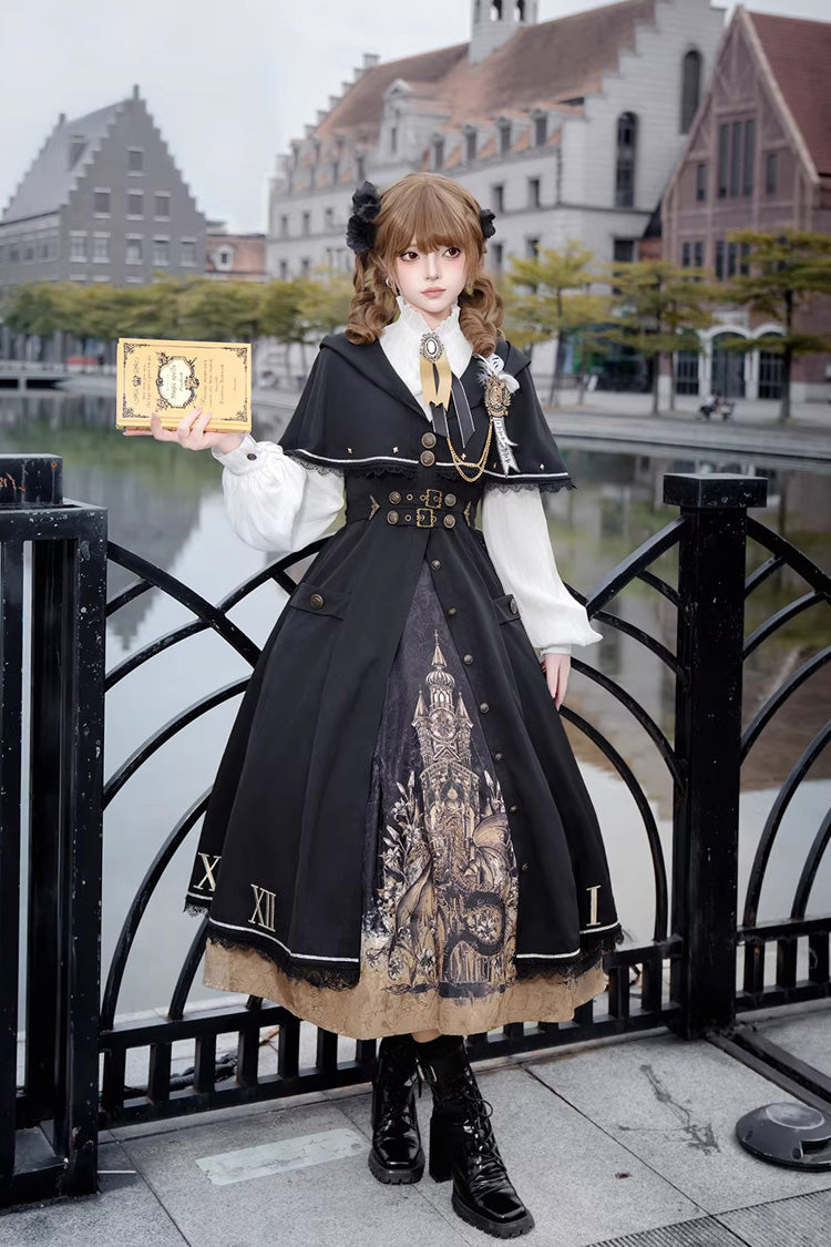 Long Sleeves Printed Embroidered College Style Gothic Vintage Lolita Dress Three-Piece Set - Dragon’s Aria