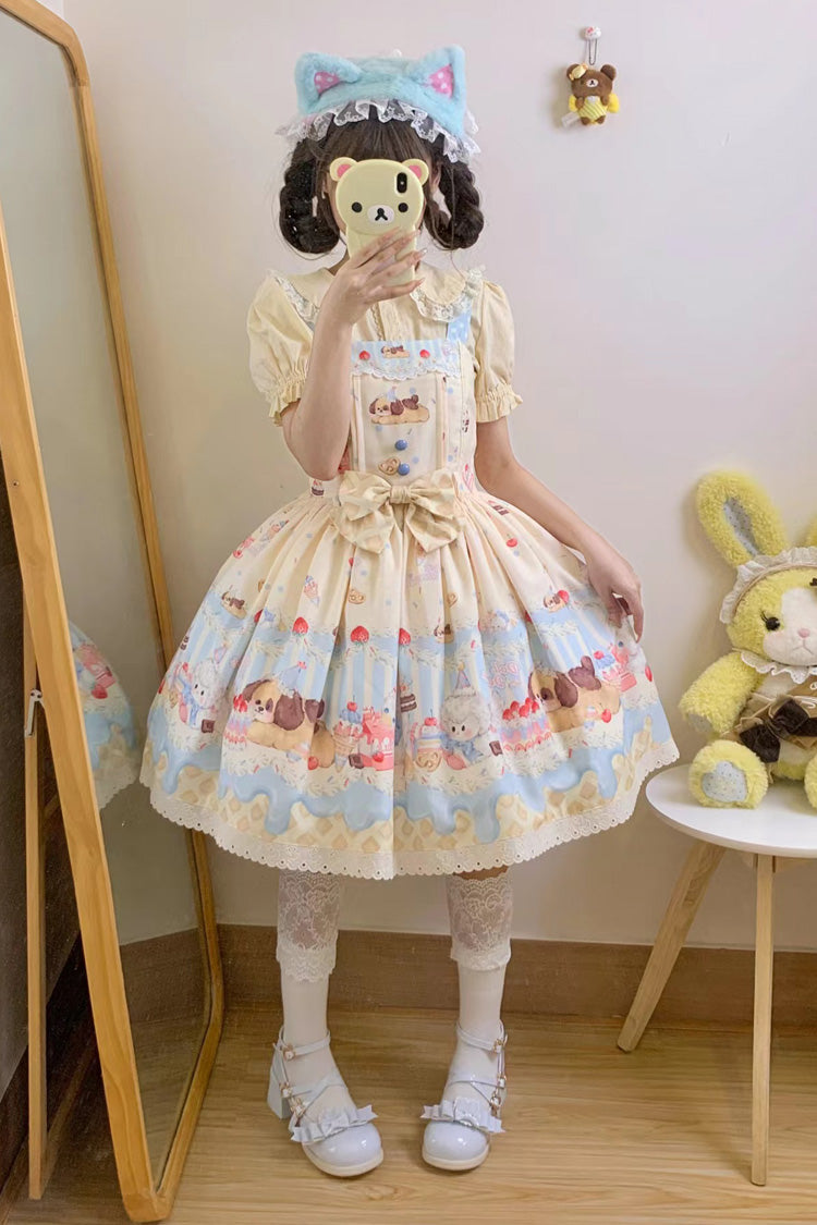 Party Print Bowknot Stitching Lace JSK Dress - Cream - Tri-Color