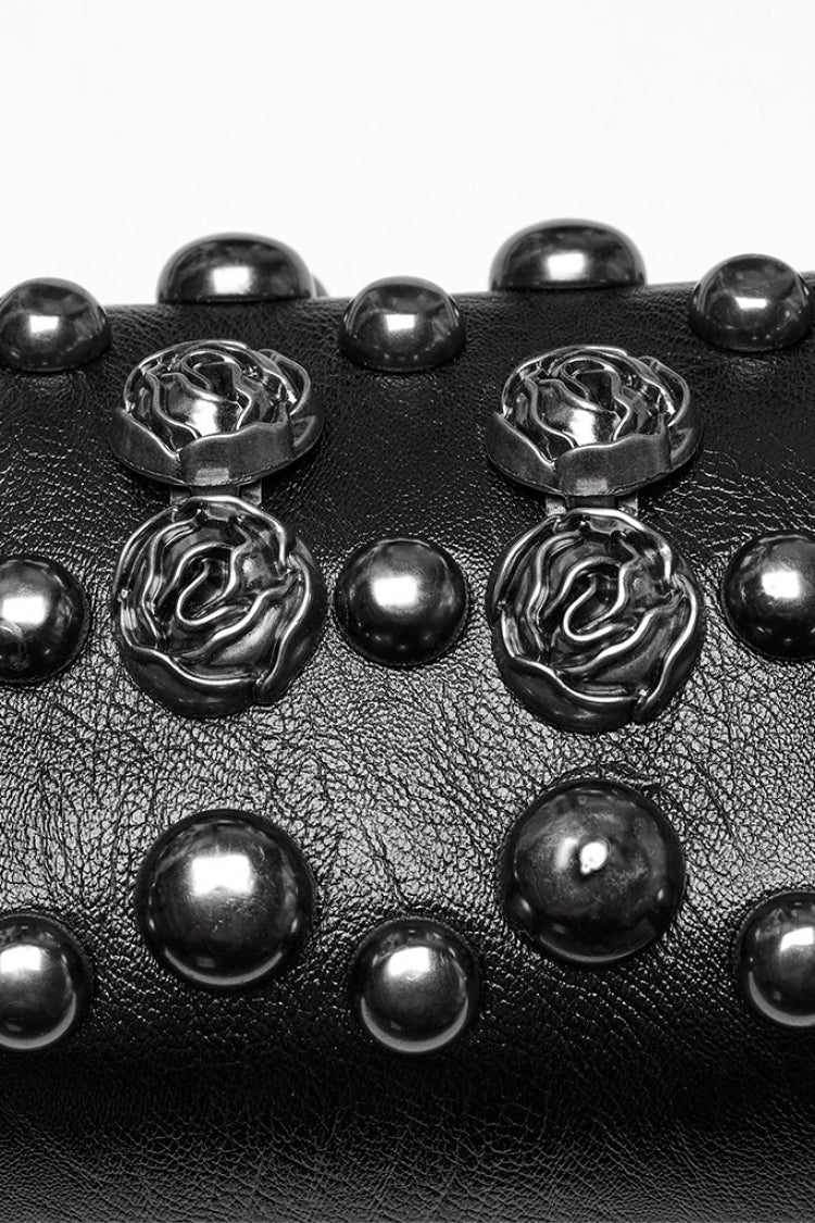 Gothic Faux Leather Clutch with Beaded Rose & Rivet Detail