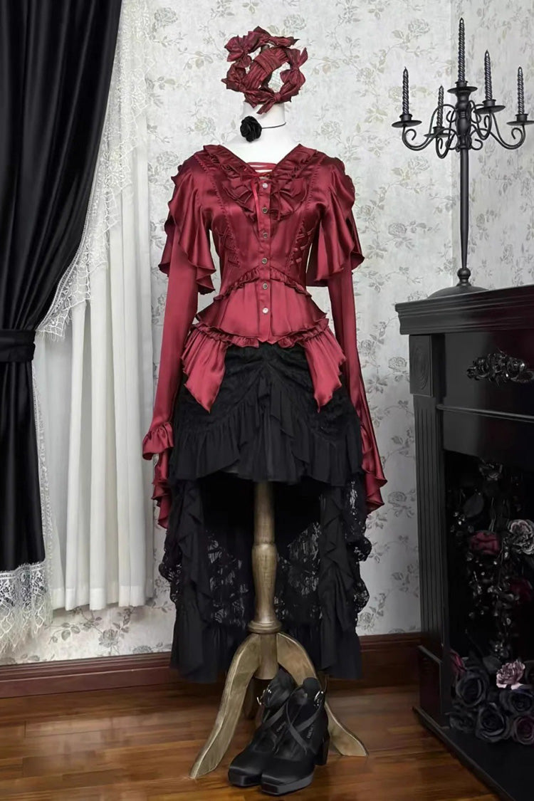 Echoes of the Deep Sea Hime Sleeve Ruffled Bow Corset Gothic Ouji Lolita Blouse in Four Shades