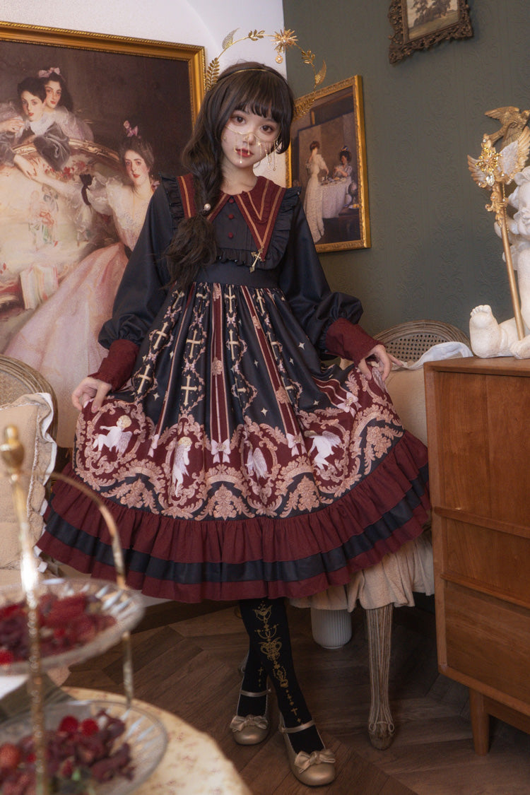 Angel Print Long Sleeve Sweet Lolita Dress with Bow and Ruffles