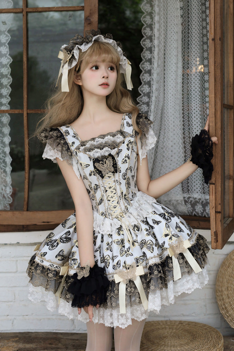 Golden Spirit Butterfly Print Sleeveless Ruffle Lace-Up JSK Dress Set