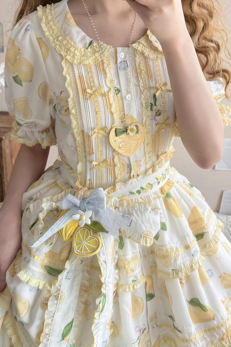 Triple-Layered Print Ruffled Bow Lace Sweet Gorgeous Lolita Dress - White Lemon Chicken