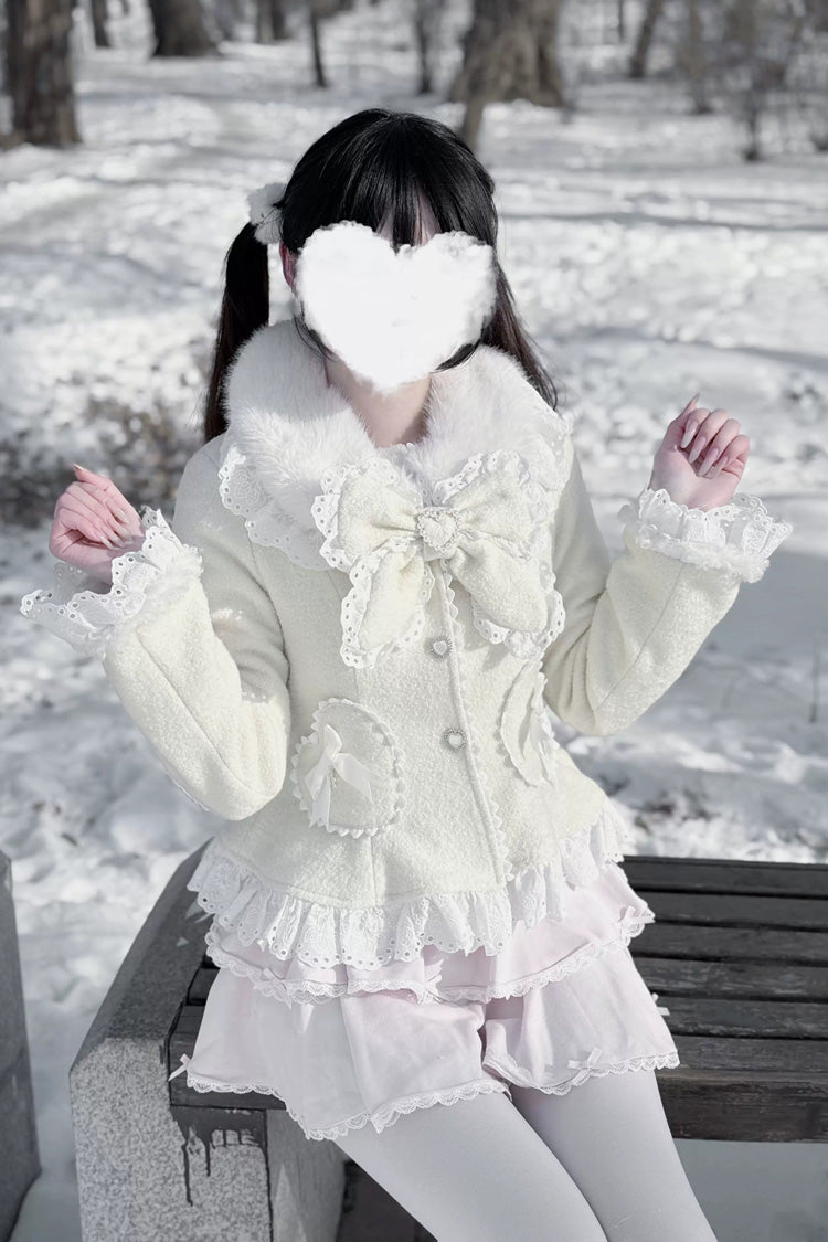 Diamond Strawberry Long Sleeve Bow Lace Pearl-Adorned Sweet Jirai Kei Lolita Coat in Three Colors
