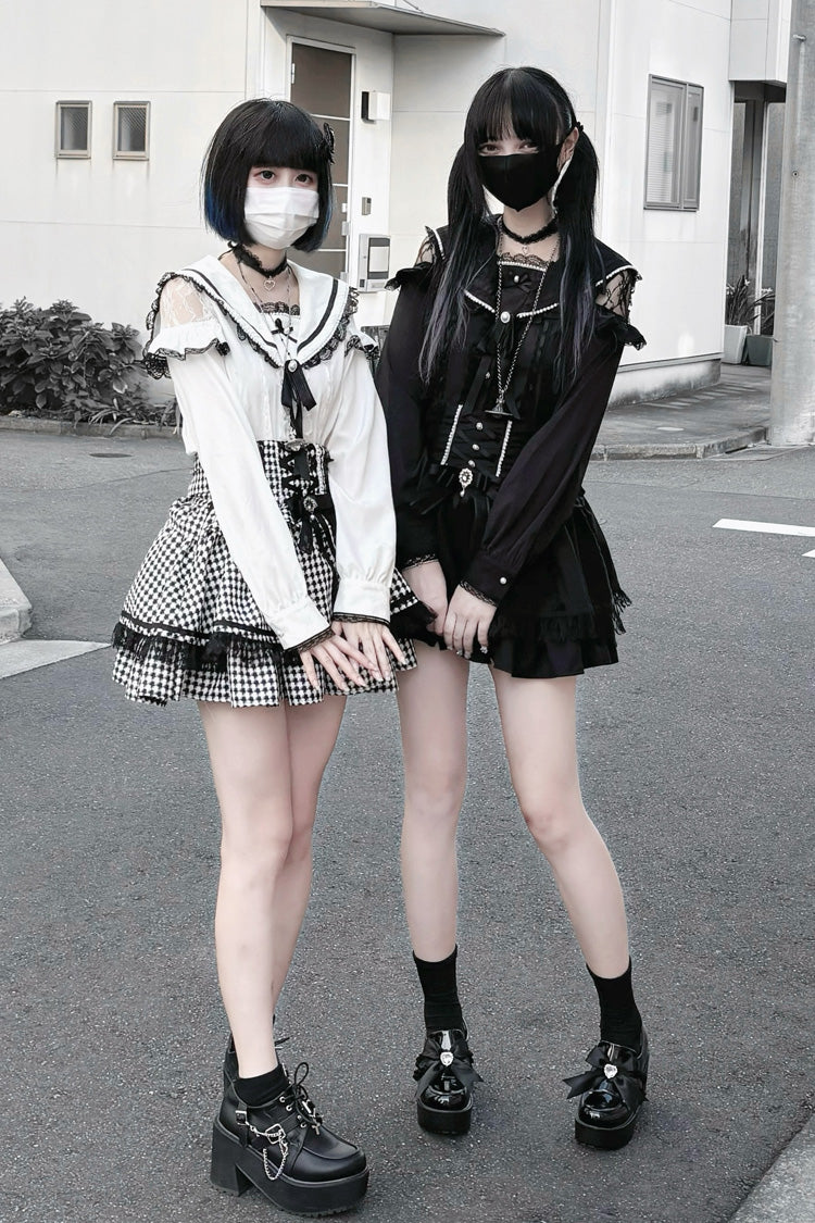 Black White Houndstooth Bow Lace Lace-Up Jirai Kei Skirt