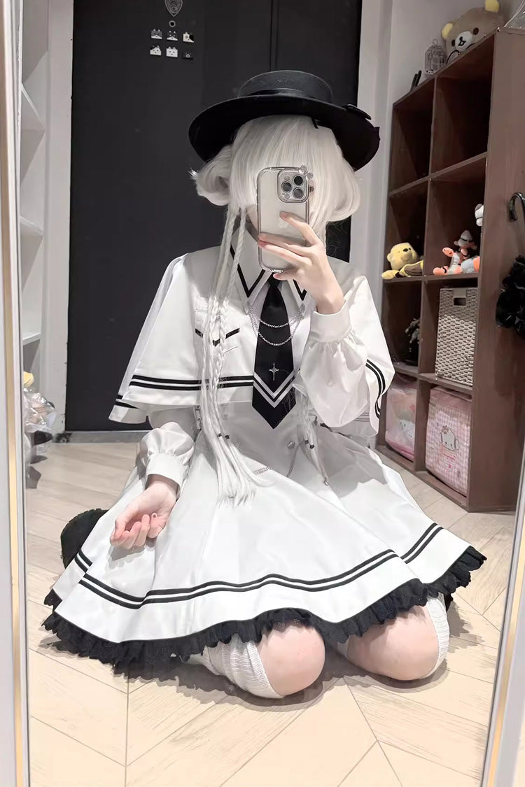 Printed Ruffled Chain-Decorated Gothic Jirai Kei Dress Set