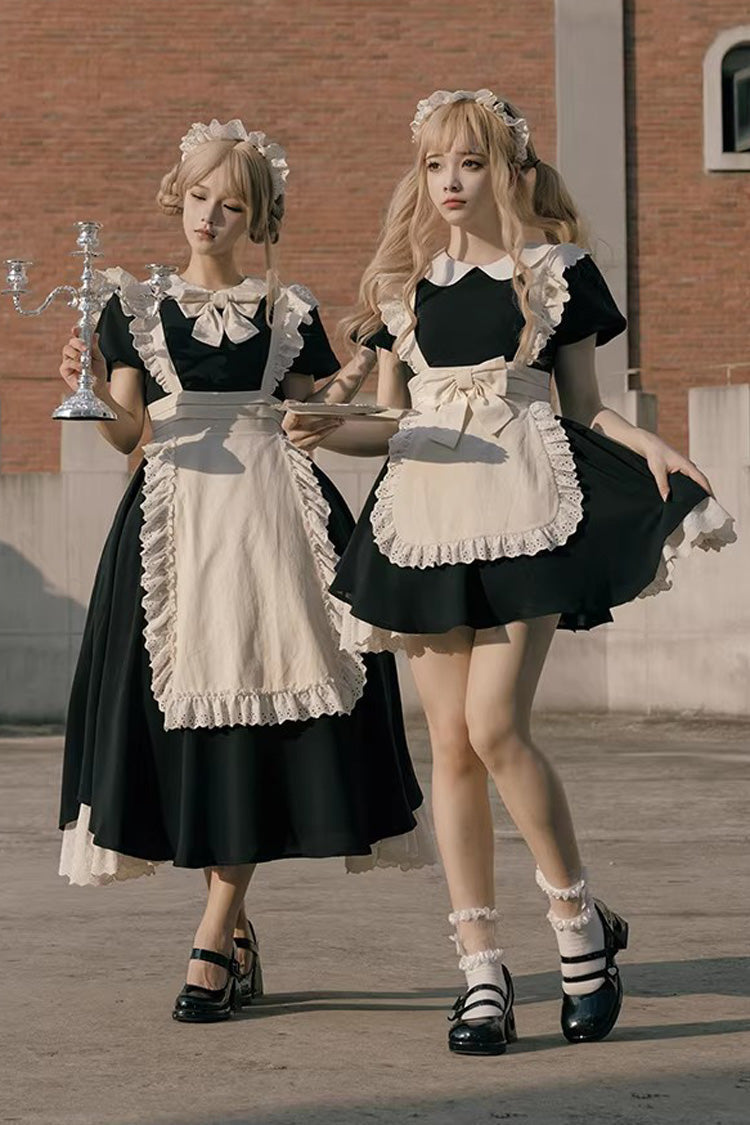 Monochrome Sweet Maid Dress with Ruffled Bow and Round Collar - Two Lengths