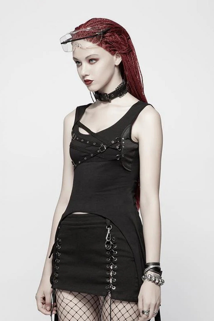 Irregular Hem Punk Vest with Metal Buckle Detail