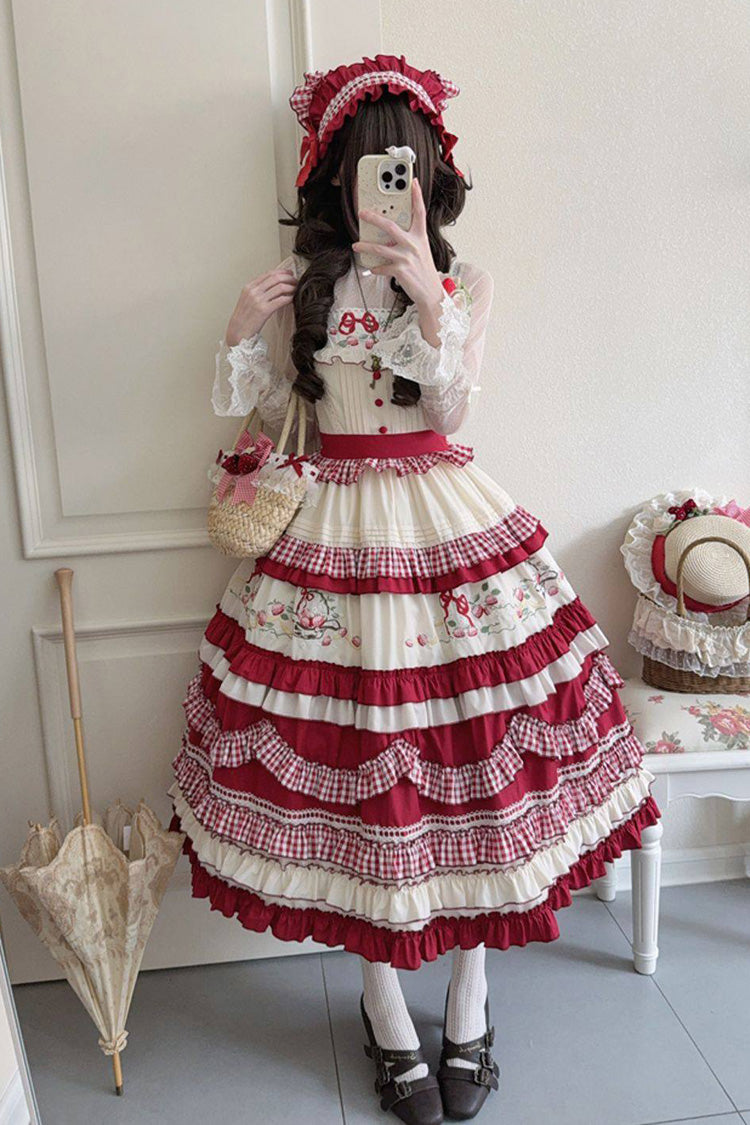 Crimson Strawberry Basket Square Neck Multi-Layer Print Ruffled Embroidered Bow Sweet Lolita JSK