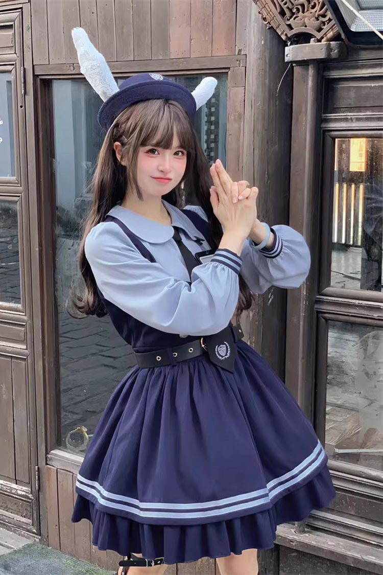 Blue Rabbit Officer Long Sleeves Printed Ruffled Faux Two-Piece College Style Sweet Dress