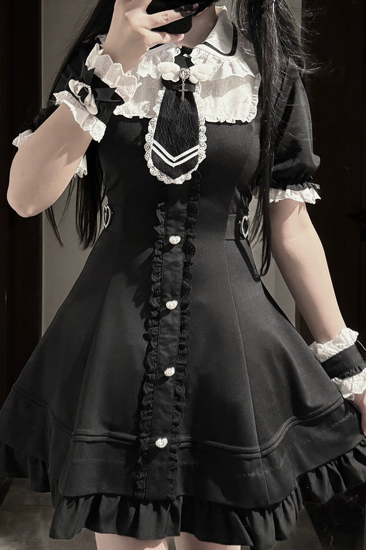 Black Short Sleeve Ruffled Bow Stitching Lace Gothic Plus Size Jirai Kei Dress