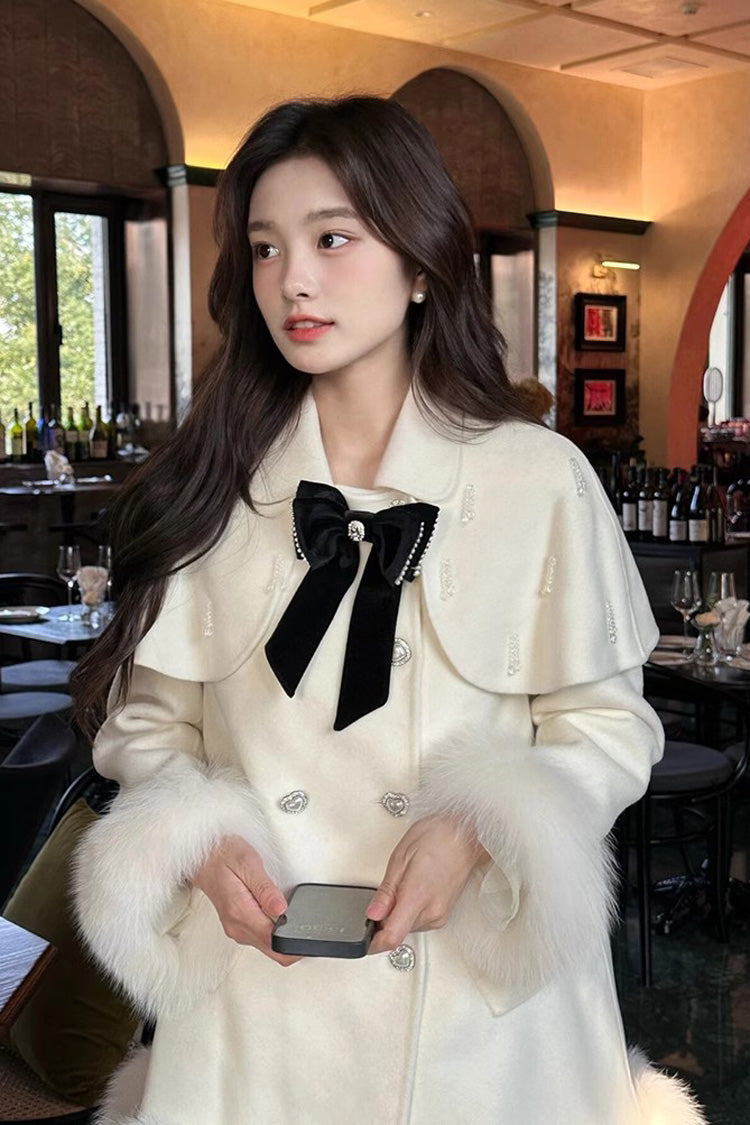 Ivory Bow Accent Sweet Princess Cape Coat