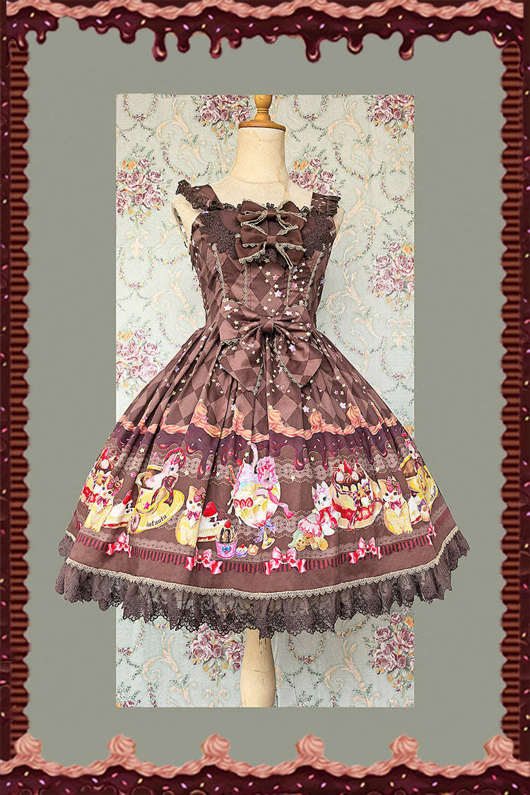 Sleeveless Lace Bow Print Sweet JSK Dress in 3 Colors - Cream Meow