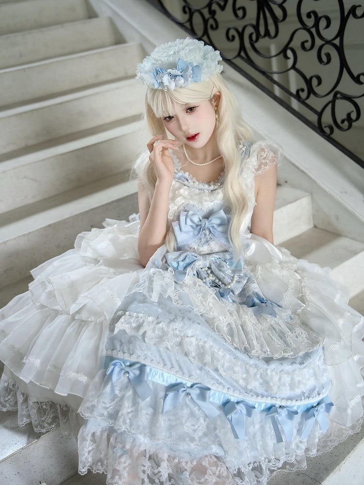 and Hanayome White Hime Full Tiered Skirt Bows Decoration Blue Dress Lolita Set JSK