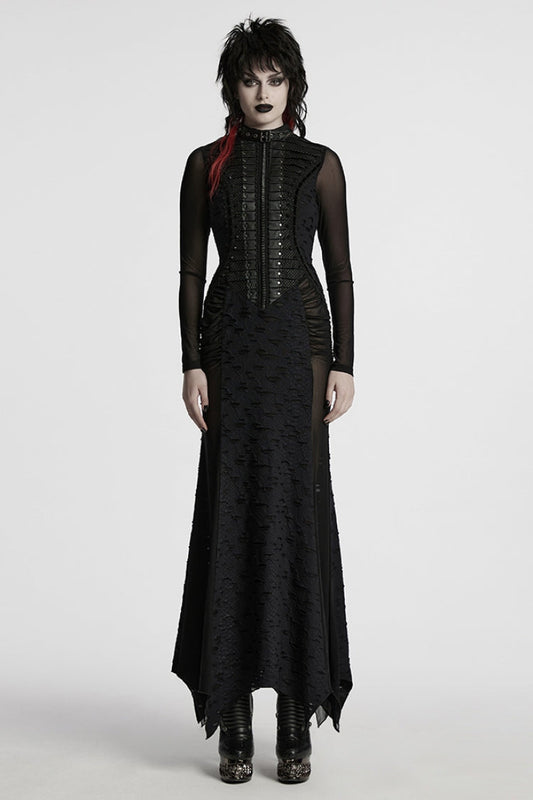 Jet Stand Collar Long Sleeves Stitching Mesh Ripped Punk Fishtail Dress