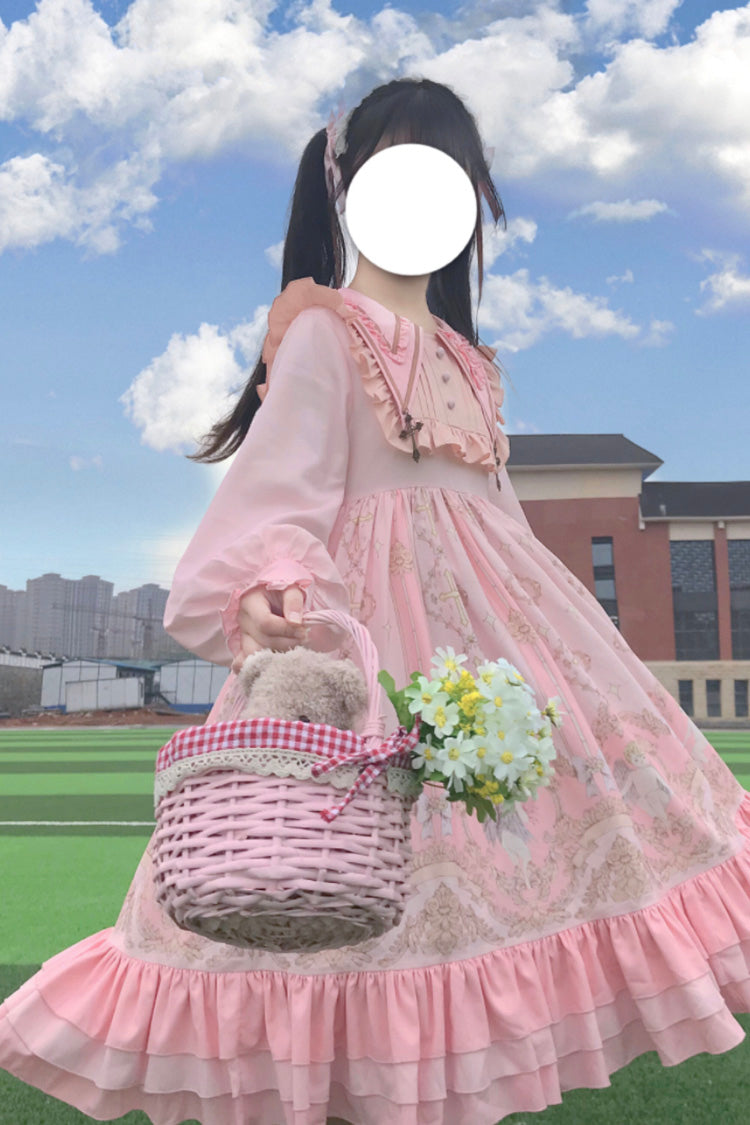 Angel Print Long Sleeve Sweet Lolita Dress with Bow and Ruffles